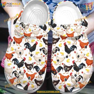 Farmer White Chicken Pattern Clogs Crocs Shoes, Funny Footwear for Farm Style