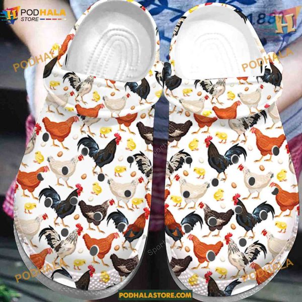 Farmer White Chicken Pattern Clogs Crocs Shoes, Funny Footwear for Farm Style