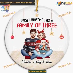 First Baby Christmas as Family of Three Ornament, Custom Name Ceramic Ornaments 2023