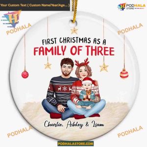 First Baby Christmas for Three Ornament, Customizable Doll Ornament, Ceramic Keepsake