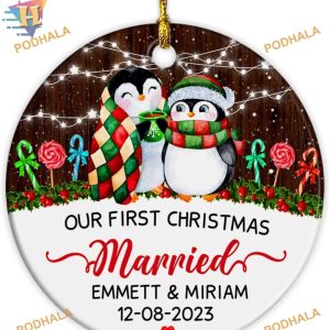 First Christmas Married Ornament 2023, Personalized Penguin Couple Decor