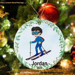 First Christmas Skiing Boy Custom Ornament, Family Name Keepsake