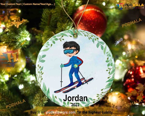 First Christmas Skiing Boy Custom Ornament, Family Name Keepsake