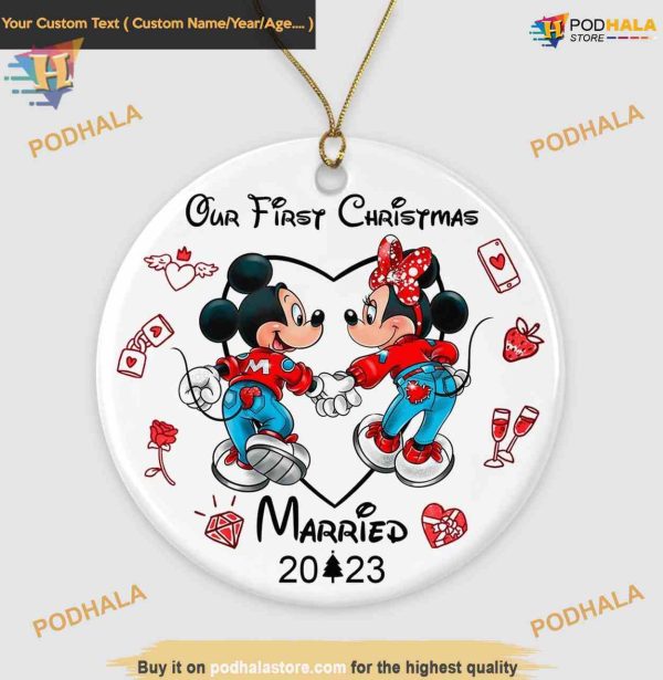 First Married Christmas 2023 Ornament, Mickey & Minnie Disney Wedding Ornament