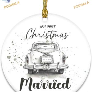 First Married Christmas 2023 Ornament, Vintage Car Design Ornament