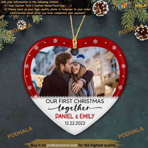 First Together Anniversary Ornament 2023 Custom Photo & Name, Ceramic