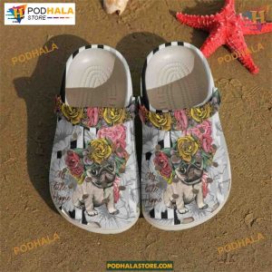 Floral Pug Pattern Rose-Adorned Water Shoes, Pet Lover Crocs