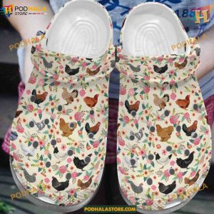 Flower Garden Chicken White Sole Crocs, Unique Clogs for Gardeners
