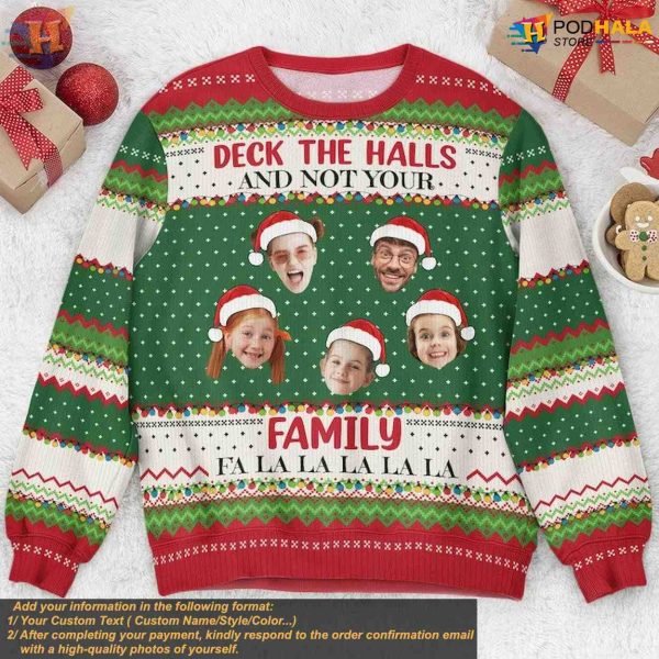 Funny Family Face Christmas Sweater, Custom Ugly Xmas Deck Design