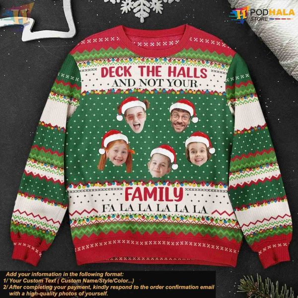 Funny Family Face Christmas Sweater, Custom Ugly Xmas Deck Design