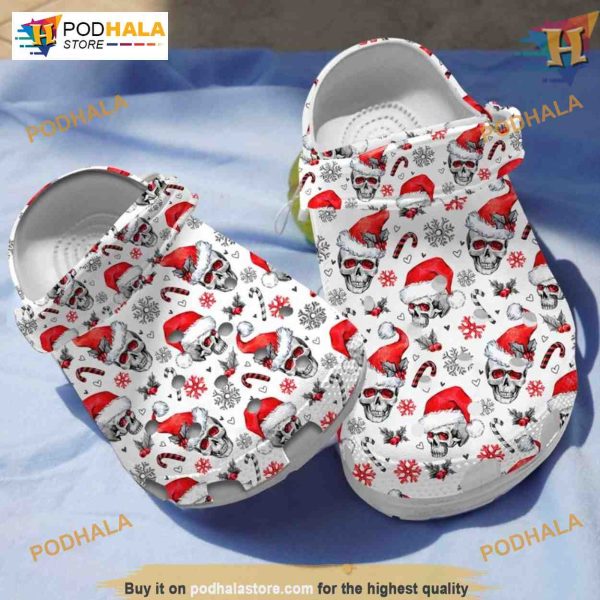 Funny Skull With Christmas Hat Snowflakes Crocs, Funny Xmas Gifts