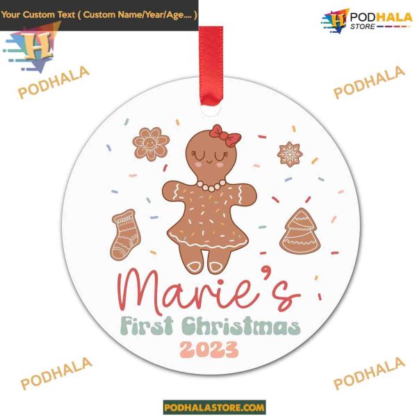 Gingerbread Baby Girl’s 1st Christmas Ornament 2023, Personalized Keepsake