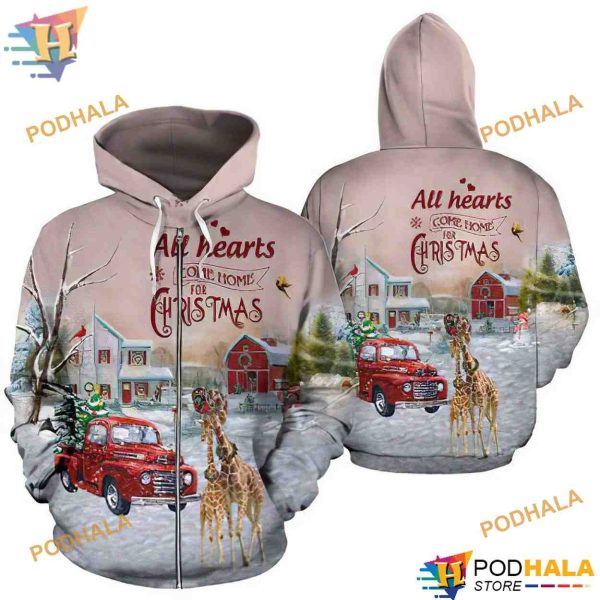 Giraffe And Red Truck Funny Christmas Hoodie, Xmas Gifts