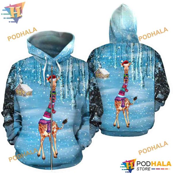 Giraffe Snow Blue Funny Christmas Hoodie, Xmas Gifts