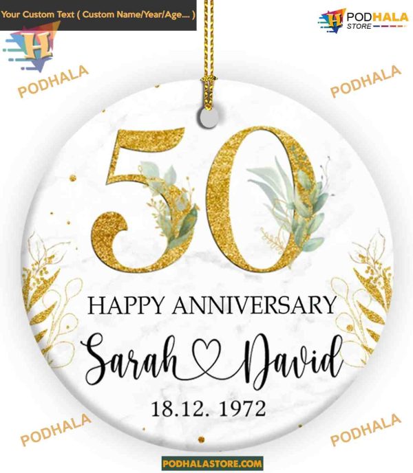 Golden 50th Anniversary Christmas Ornament 2023, Personalized for Couples