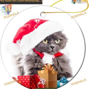 Gray Cat with Hat and Gifts Ceramic Christmas Ornament, 2023 Holiday Decor