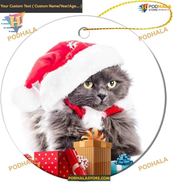 Gray Cat with Hat and Gifts Ceramic Christmas Ornament, 2023 Holiday Decor