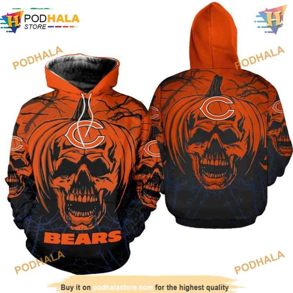 Halloween Pumpkin Skull Chicago Bears Hoodie 3D, Bears Merchandise