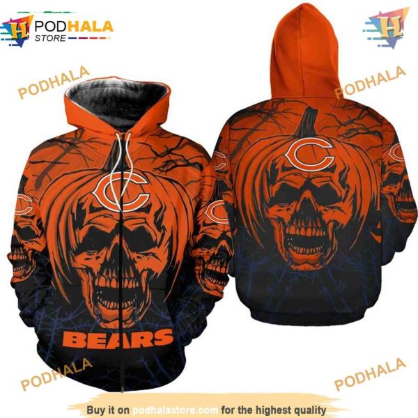 Halloween Pumpkin Skull Chicago Bears Hoodie 3D, Bears Merchandise