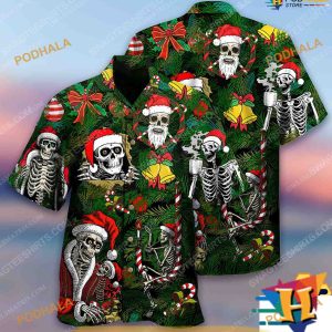 Happy Skull Christmas Print Aloha Shirt, Santa Hawaiian Style