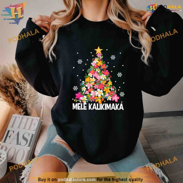 Hawaiian Floral Christmas Tree Mele Kalikimaka Tropical Xmas Shirt Hoodie