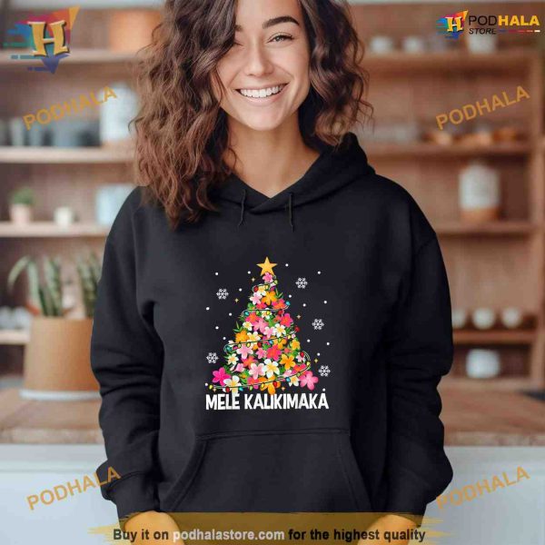 Hawaiian Floral Christmas Tree Mele Kalikimaka Tropical Xmas Shirt Hoodie