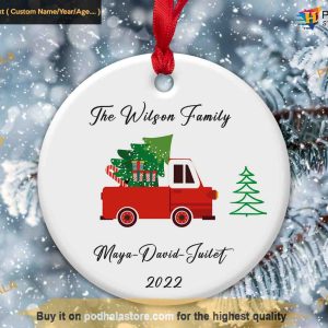 Holiday Travels Personalized Red Truck Name Ornament, Festive Road Trip