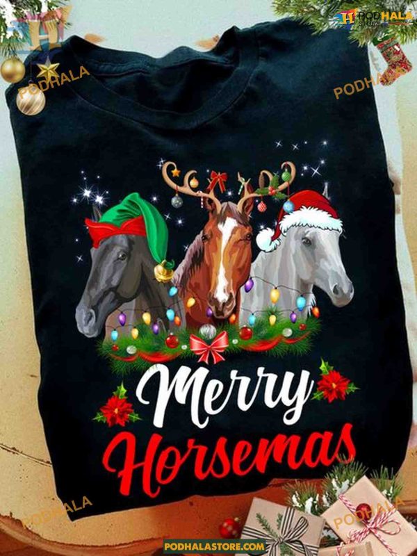 Horse with Reindeer Horn Christmas Shirt, Funny Christmas Shirt For Family