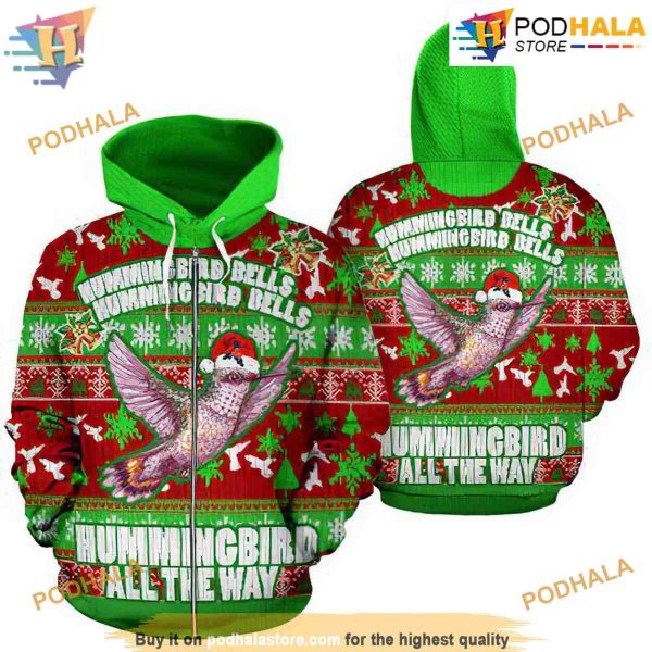Hummingbird Bells Xmas Pattern Red And Green Unisex 3D Christmas Hoodie