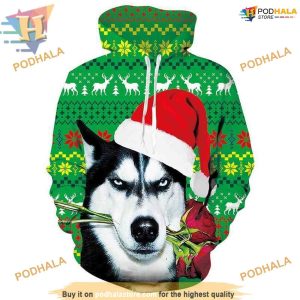 Huskey Dog Graphic Xmas 3D Hoodie Sweatshirt, Funny Christmas Gifts
