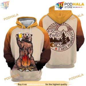 I Hate People - Camping Bear Beer Full Over Printed Unisex 3D Hoodie