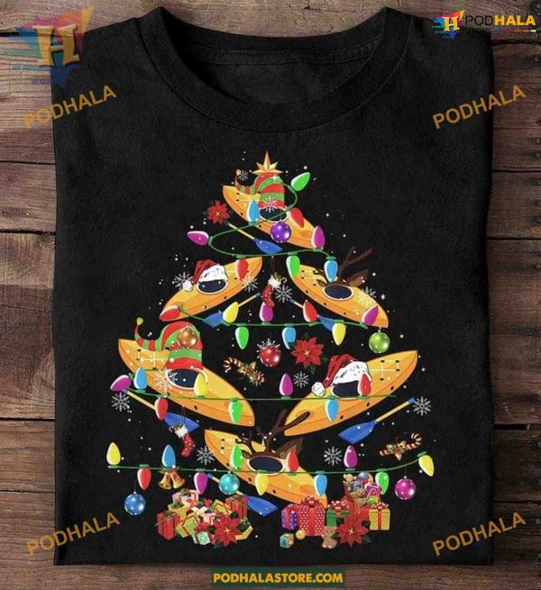 Kayak Santa Hat & Xmas Lights Shirt, Matching Family Xmas Shirt
