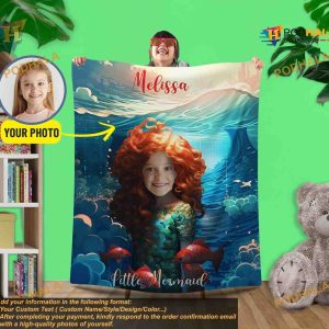 Little Mermaid Personalized Photo Face Blanket for Daughter Custom Fleece Kids Gift 3