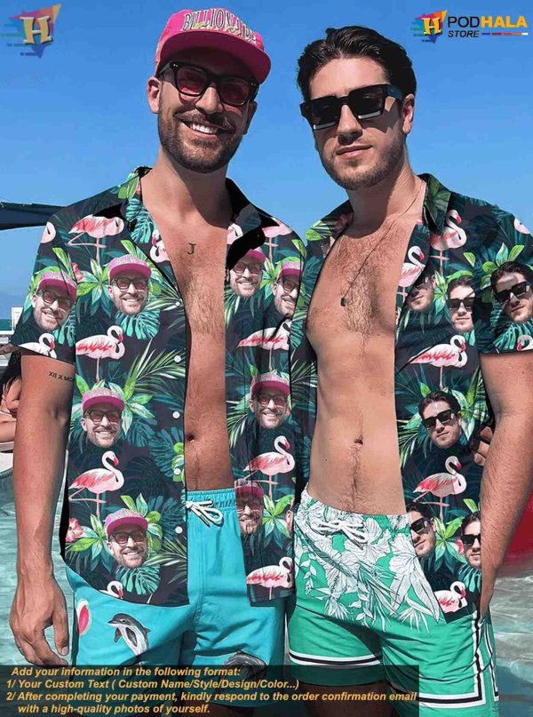 Men’s Custom Photo Flamingo Hawaiian Shirt, Personalized Stag Do Party Shirts