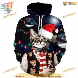 Merry Cat Santa Hat Xmas 3D Hoodie, Creative Christmas Gift