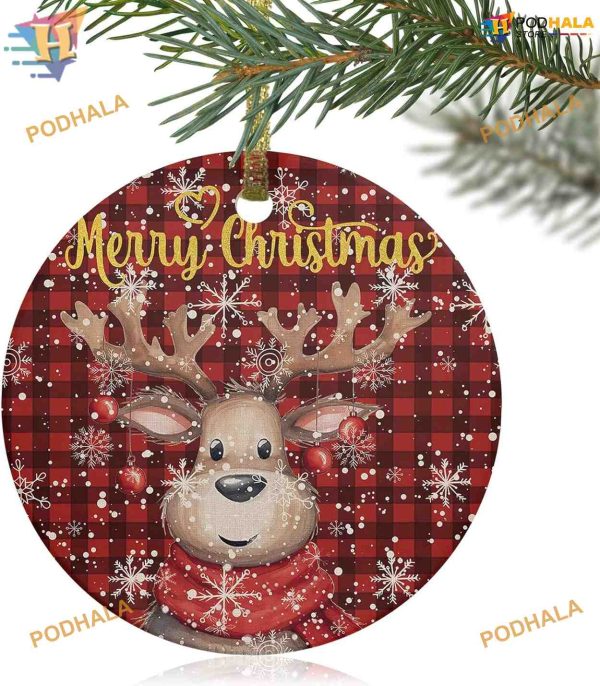 Merry Christmas 2023 Ornament, Reindeer & Snowflake Red Black Plaid