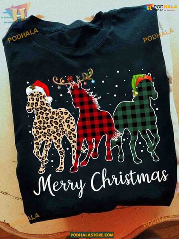 Merry Christmas Leopard Plaid Horses Shirt, Family Funny Christmas Shirt