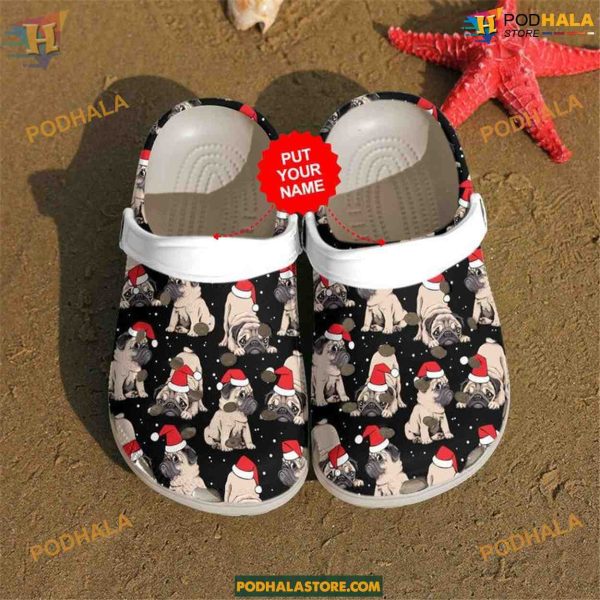 Merry Christmas Pug Festive Custom Clog Crocs, Holiday Dog Design