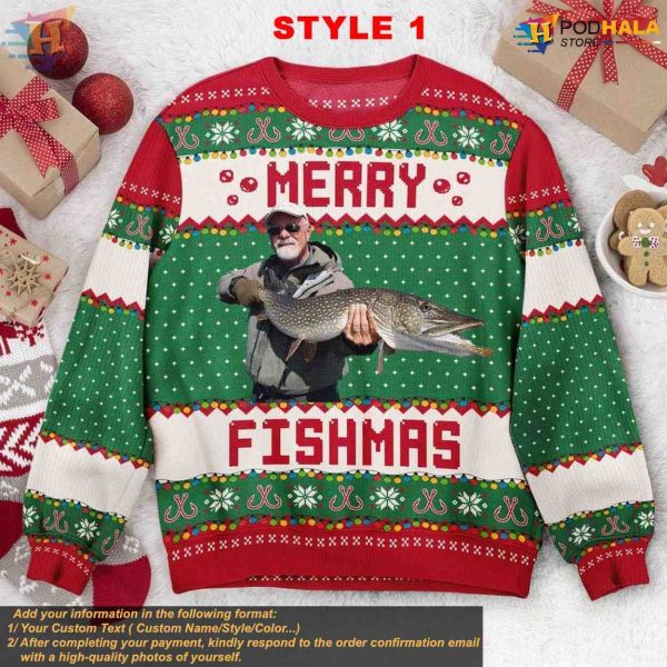 Merry Fishmas Custom Photo Sweater, Personalized Ugly Xmas Gift for Men