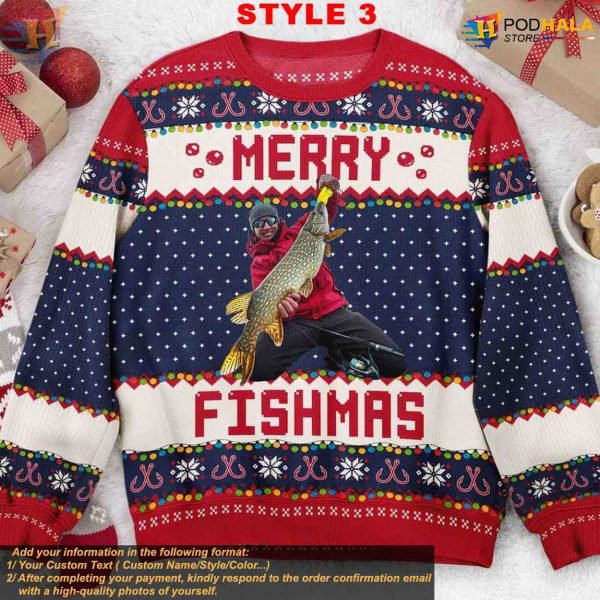 Merry Fishmas Custom Photo Sweater, Personalized Ugly Xmas Gift for Men