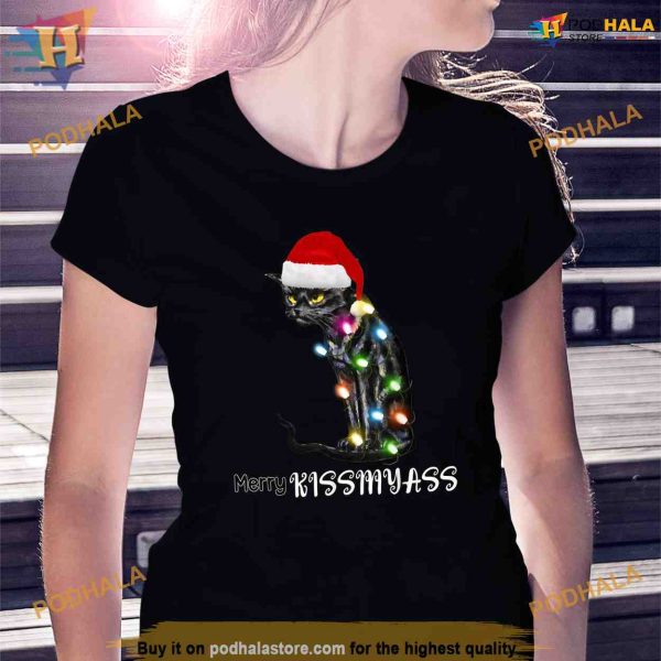 Merry Kissmyass Funny Cat Christmas Lights Shirt