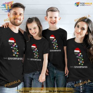 Merry Kissmyass Funny Cat Christmas Lights Shirt 2