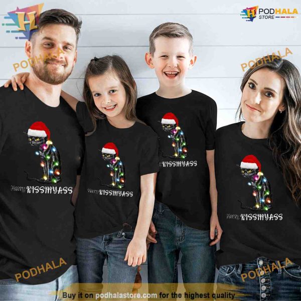 Merry Kissmyass Funny Cat Christmas Lights Shirt