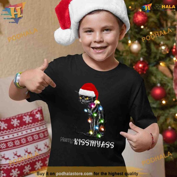 Merry Kissmyass Funny Cat Christmas Lights Shirt