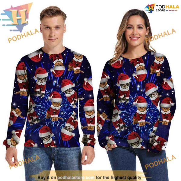 Merry Xmas Cat Blue Sweatshirt 3D Hoodie, Funny Christmas Gifts
