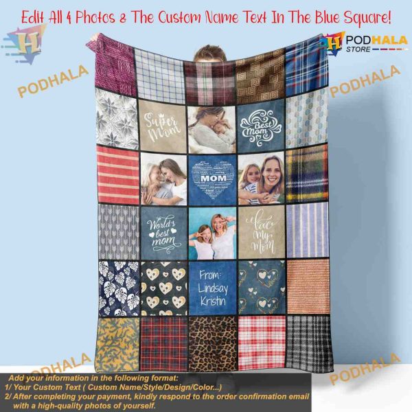 Mom’s Quilt Pattern Blanket, Personalized Photo Gift, Birthday Christmas