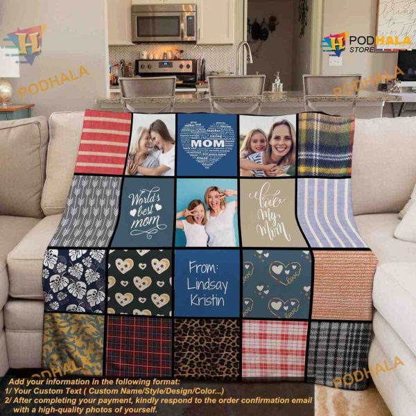 Mom’s Quilt Pattern Blanket, Personalized Photo Gift, Birthday Christmas
