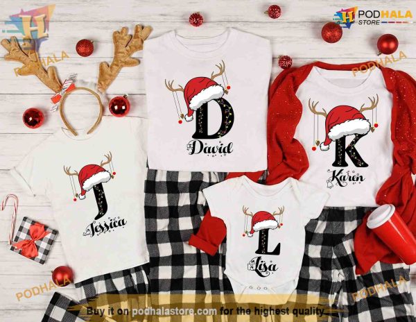 Monogrammed Family Festivity Personalized Family Christmas Shirt, Custom Name Tee