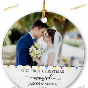 Mr & Mr Christmas 2023 Personalized Photo Ornament, Custom Wedding Memory Ceramic Decor