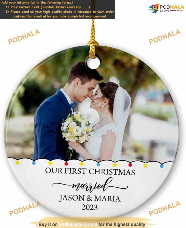 Mr & Mr Christmas 2023 Personalized Photo Ornament, Custom Wedding Memory Ceramic Decor